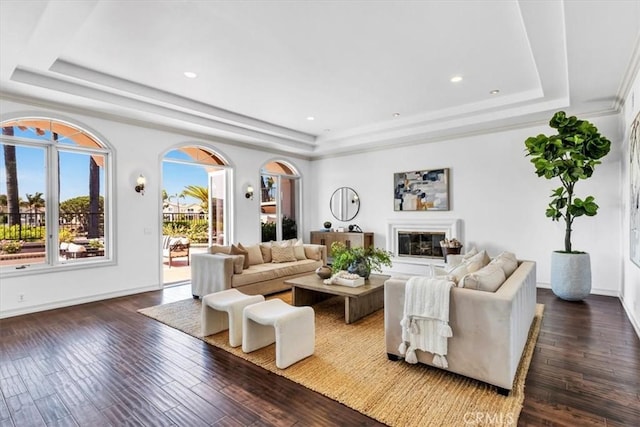 5 Marbella, Dana Point, CA 92629 - living room with a raised ceiling, a glass covered fireplace, dark wood-type flooring, and recessed lighting