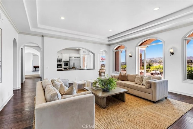 5 Marbella, Dana Point, CA 92629 - living area with a raised ceiling, dark wood-style floors, recessed lighting, arched walkways, and crown molding