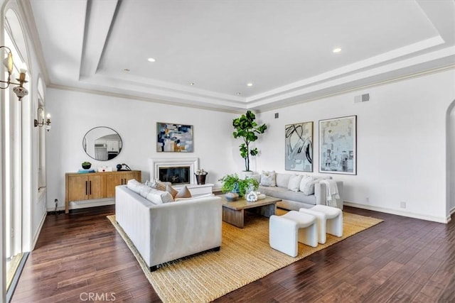 5 Marbella, Dana Point, CA 92629 - living area featuring a raised ceiling, a glass covered fireplace, dark wood finished floors, and recessed lighting