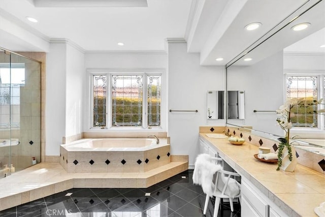5 Marbella, Dana Point, CA 92629 - full bath with a bath, tile patterned floors, crown molding, double vanity, and recessed lighting
