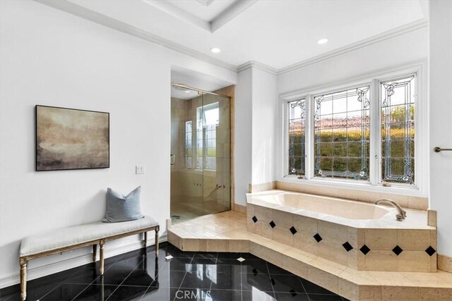 5 Marbella, Dana Point, CA 92629 - full bath featuring a garden tub, granite tiled floors, a stall shower, crown molding, and recessed lighting