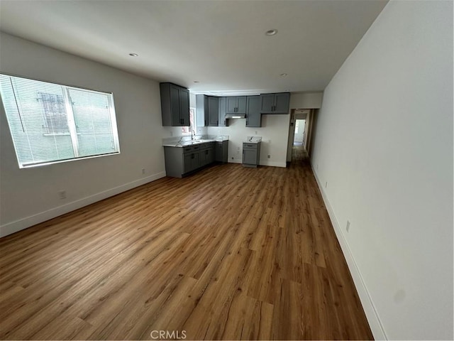 1253 W 65th St, Los Angeles, CA 90044 - kitchen with gray cabinetry, wood finished floors, and under cabinet range hood