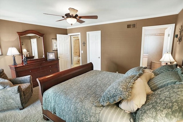 22669 Pamplico Dr, Saugus, CA 91350 - carpeted bedroom featuring ensuite bathroom, ornamental molding, and a ceiling fan