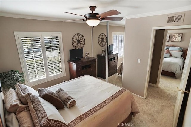 22669 Pamplico Dr, Saugus, CA 91350 - bedroom with light carpet, crown molding, and a ceiling fan