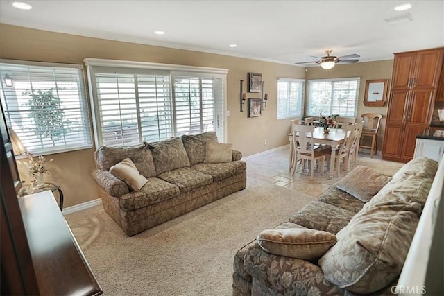 22669 Pamplico Dr, Saugus, CA 91350 - living room featuring ceiling fan, recessed lighting, and crown molding