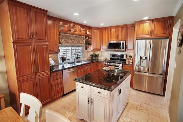 22669 Pamplico Dr, Saugus, CA 91350 - kitchen with appliances with stainless steel finishes, stone tile flooring, recessed lighting, backsplash, and brown cabinets