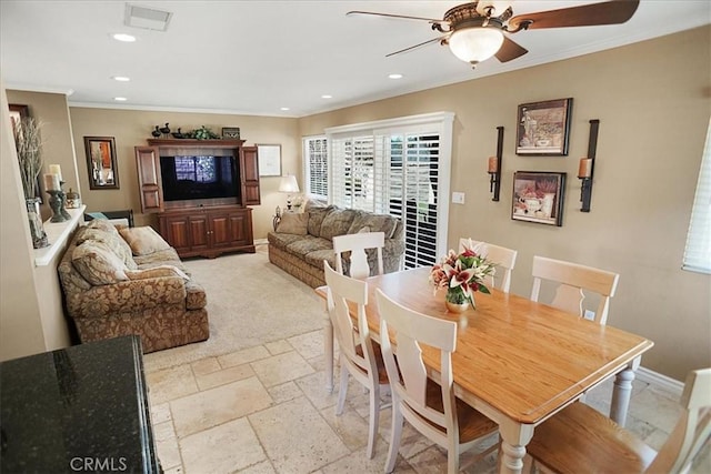 22669 Pamplico Dr, Saugus, CA 91350 - dining room featuring crown molding, a ceiling fan, recessed lighting, and stone tile floors
