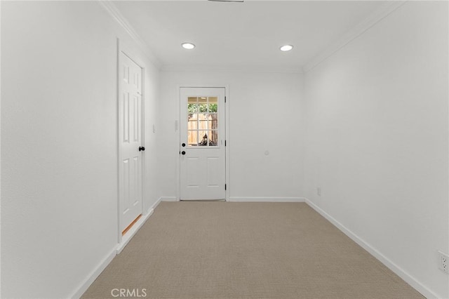 604 Sequoia St, San Bernardino, CA 92407 - corridor featuring crown molding, recessed lighting, and light colored carpet