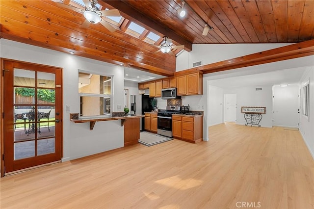 604 Sequoia St, San Bernardino, CA 92407 - kitchen with stainless steel appliances, light wood finished floors, wood ceiling, a peninsula, and brown cabinets