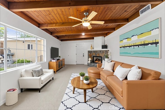 604 Sequoia St, San Bernardino, CA 92407 - carpeted living area with a wooden ceiling with exposed beams, a ceiling fan, and a stone fireplace