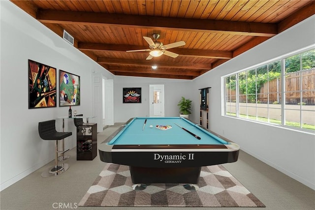 604 Sequoia St, San Bernardino, CA 92407 - rec room with wooden ceiling, carpet, a ceiling fan, and pool table