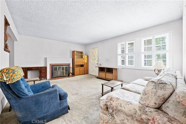 631 N Evergreen St, Burbank, CA 91505 - carpeted living room featuring a textured ceiling and a fireplace with flush hearth