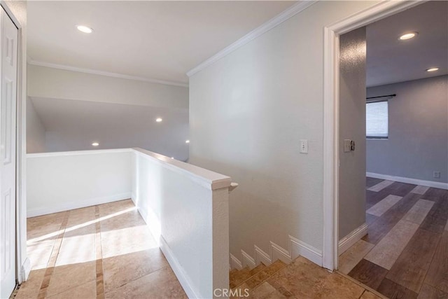 2383 Hampton Ave, Simi Valley, CA 93063 - corridor featuring an upstairs landing, ornamental molding, and recessed lighting