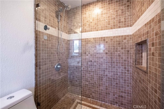 2383 Hampton Ave, Simi Valley, CA 93063 - bathroom with a tile shower and a textured wall