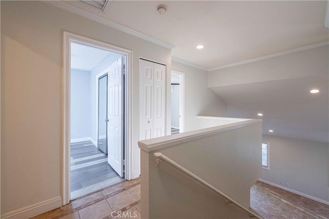 2383 Hampton Ave, Simi Valley, CA 93063 - hall featuring an upstairs landing, light tile patterned flooring, ornamental molding, and recessed lighting