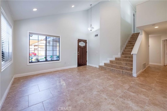 2383 Hampton Ave, Simi Valley, CA 93063 - foyer entrance featuring stairway, recessed lighting, high vaulted ceiling, and light tile patterned floors