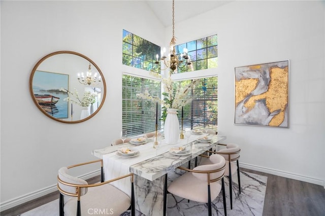7029 Novara Pl, Rancho Cucamonga, CA 91701 - dining area featuring a chandelier, high vaulted ceiling, and wood finished floors