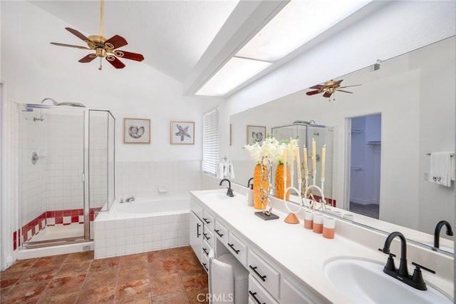 7029 Novara Pl, Rancho Cucamonga, CA 91701 - bathroom featuring ceiling fan, a garden tub, a shower stall, double vanity, and lofted ceiling