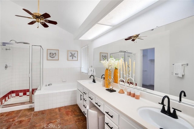 7029 Novara Pl, Rancho Cucamonga, CA 91701 - full bathroom with ceiling fan, a shower stall, a garden tub, double vanity, and vaulted ceiling