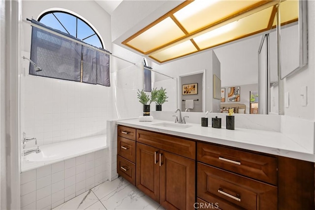 2988 Dartmouth Cir, Corona, CA 92879 - full bath featuring vanity, marble look tile flooring, and tiled shower / bath