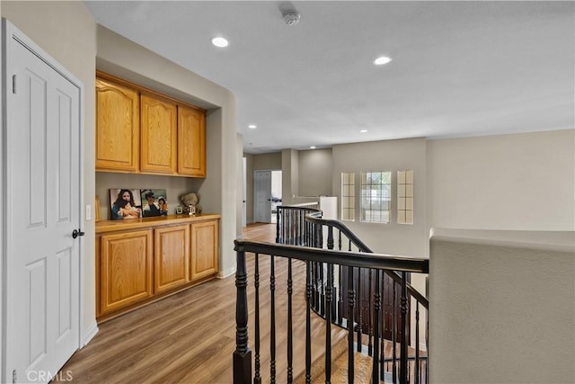 15355 Michael Crest Dr, Canyon Country, CA 91387 - hallway featuring an upstairs landing, wood finished floors, and recessed lighting