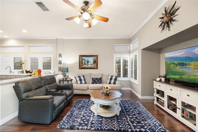 2157 Pecan Tree St, Hemet, CA 92545 - living area with ceiling fan, dark wood-style floors, and crown molding