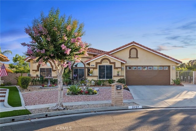 2157 Pecan Tree St, Hemet, CA 92545 - view of front of property featuring stucco siding, a garage, driveway, and a tiled roof