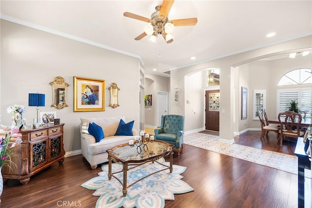 2157 Pecan Tree St, Hemet, CA 92545 - living room with arched walkways, a ceiling fan, wood finished floors, crown molding, and recessed lighting