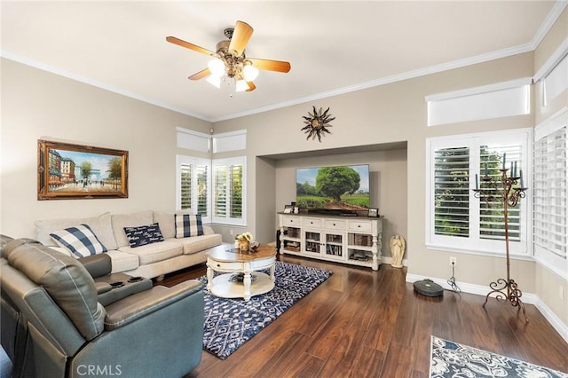 2157 Pecan Tree St, Hemet, CA 92545 - living room with wood finished floors, a ceiling fan, and crown molding