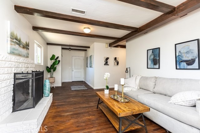 1939 S Broadway, Escondido, CA 92025 - living room with wood finished floors, beamed ceiling, and a fireplace