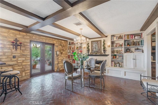24042 Ingomar St, West Hills, CA 91304 - dining room featuring french doors, beam ceiling, a chandelier, and brick floors