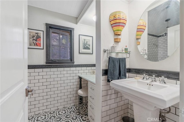 24042 Ingomar St, West Hills, CA 91304 - bathroom with tile walls, wainscoting, and tile patterned flooring