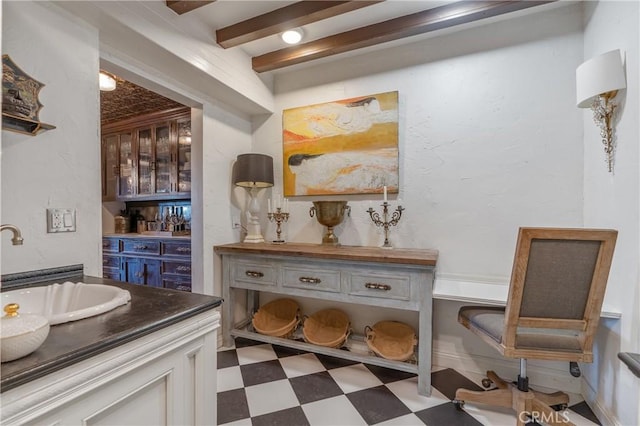 24042 Ingomar St, West Hills, CA 91304 - bar featuring tile patterned floors and beamed ceiling