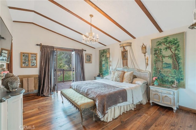 24042 Ingomar St, West Hills, CA 91304 - bedroom with access to outside, a chandelier, and dark wood-style floors