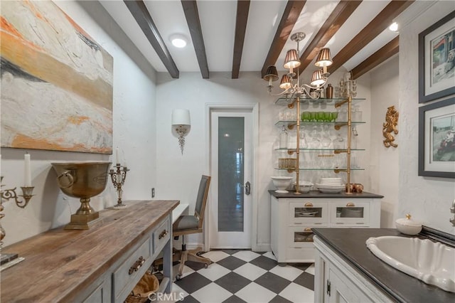 24042 Ingomar St, West Hills, CA 91304 - bar area featuring light flooring, a chandelier, beam ceiling, and hanging light fixtures