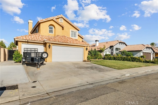37152 57th St E, Palmdale, CA 93552 - view of front facade featuring stucco siding, a chimney, driveway, a tile roof, and an attached garage