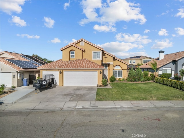 37152 57th St E, Palmdale, CA 93552 - traditional-style home featuring stucco siding, a front yard, concrete driveway, an attached garage, and a tiled roof