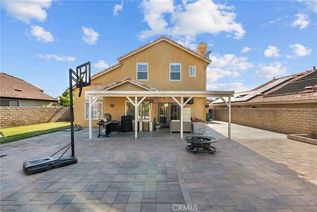 37152 57th St E, Palmdale, CA 93552 - back of property featuring an outdoor fire pit, stucco siding, a fenced backyard, and a patio area