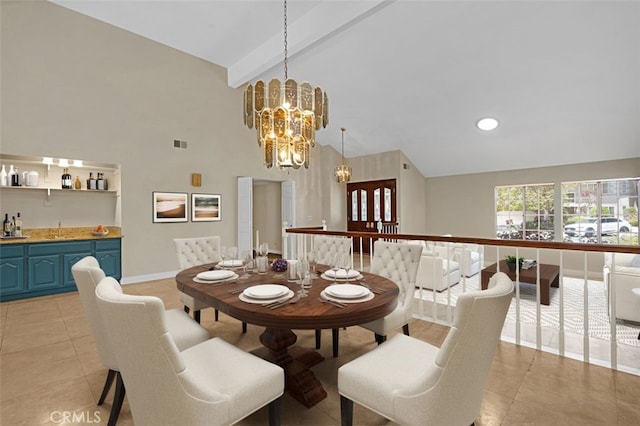 3386 Montagne Way, Thousand Oaks, CA 91362 - dining area featuring high vaulted ceiling, a chandelier, bar, light tile patterned flooring, and beamed ceiling