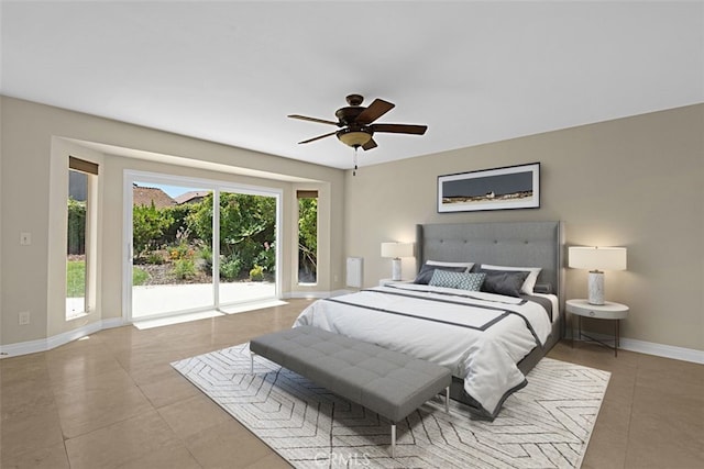 3386 Montagne Way, Thousand Oaks, CA 91362 - bedroom featuring access to outside, tile patterned flooring, and a ceiling fan