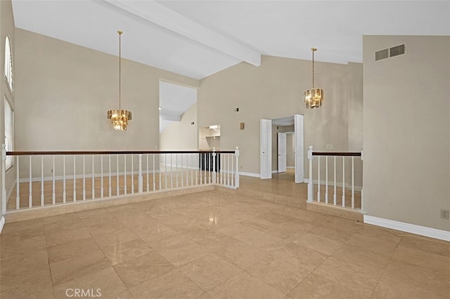 3386 Montagne Way, Thousand Oaks, CA 91362 - spare room featuring a chandelier, high vaulted ceiling, and beamed ceiling