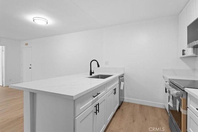 5403 Newcastle Ave Unit 19, Encino, CA 91316 - kitchen with a peninsula, stainless steel appliances, light wood-type flooring, white cabinets, and light stone counters