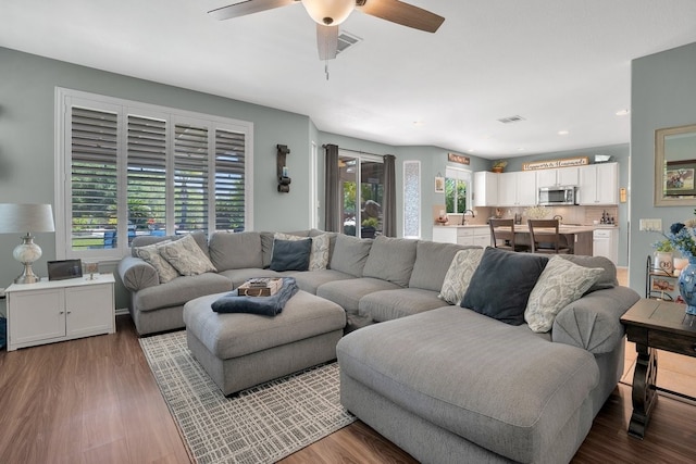 42207 Kimberly Way, Murrieta, CA 92562 - living area with a ceiling fan, wood finished floors, and recessed lighting