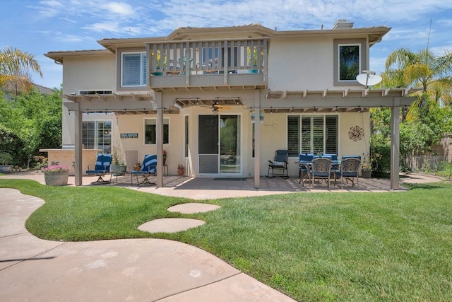 42207 Kimberly Way, Murrieta, CA 92562 - rear view of house with a balcony, stucco siding, a patio area, and a ceiling fan