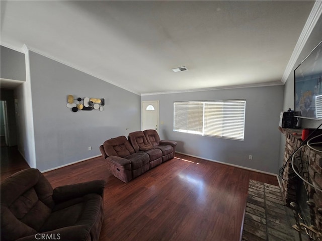 9294 Manteca Ave, Hesperia, CA 92345 - living area featuring wood finished floors, a fireplace, and ornamental molding