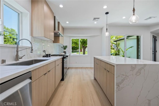 439 S Lamer St, Burbank, CA 91506 - kitchen with dishwasher, modern cabinets, black range with gas cooktop, light brown cabinets, and light wood-style flooring