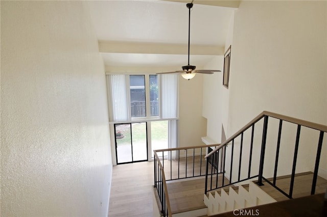 3350 M St Unit 33, Merced, CA 95348 - staircase featuring wood finished floors, a high ceiling, and ceiling fan