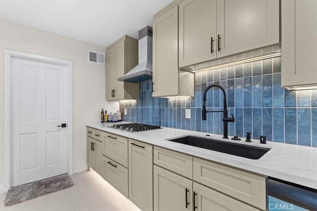 16842 Liggett St, Los Angeles, CA 91343 - kitchen featuring wall chimney range hood, dishwasher, stainless steel gas cooktop, decorative backsplash, and light tile patterned flooring