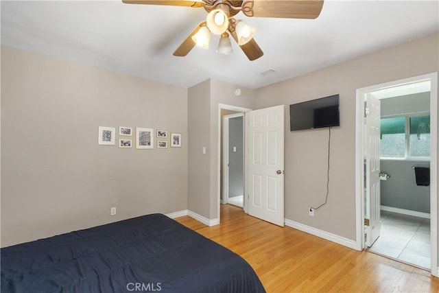 5055 Blanchard Dr, Riverside, CA 92504 - bedroom with light wood-type flooring, ceiling fan, and connected bathroom