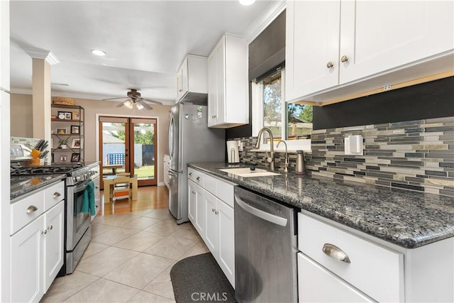 5055 Blanchard Dr, Riverside, CA 92504 - kitchen featuring stainless steel appliances, ceiling fan, decorative backsplash, white cabinets, and recessed lighting